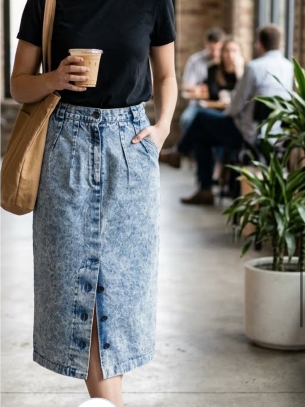 Women's Acid Wash Denim Button-Front Midi Skirt - Black